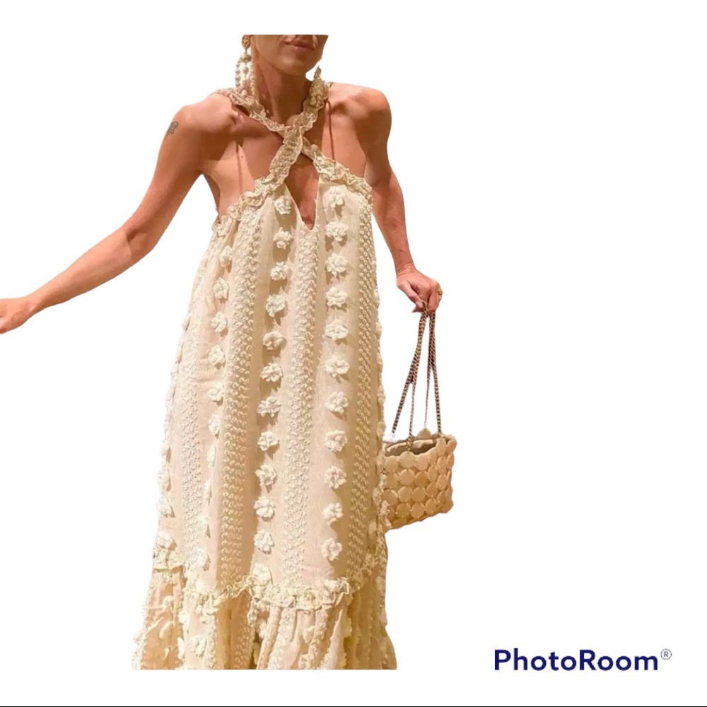 Waterfall Appliqué Flowers Tie Strap Loose Long Halter Ruffle Dress - Picture 2 of 11